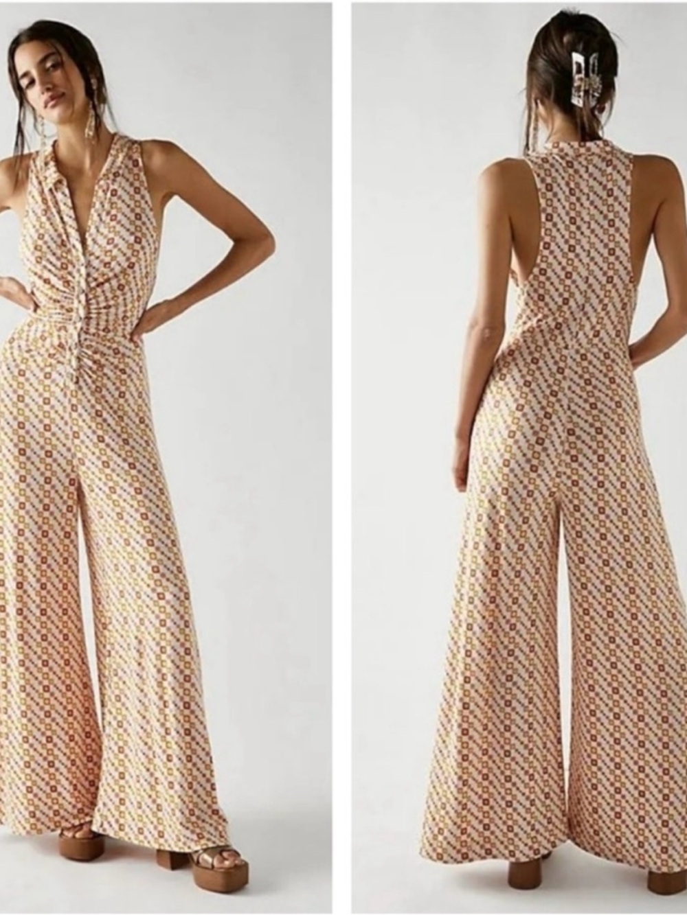 Free People Shayla Wide-Leg Printed Jumpsuit in Cream, Brown and Orange